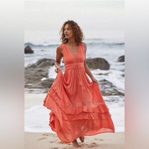 EUC FREE PEOPLE Santa Maria Boho Beach Maxi Dress Coral Pink Ruffle Sundress